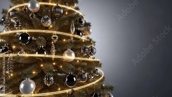 Obraz Close up of a decorated christmas tree with warm lights and ornaments