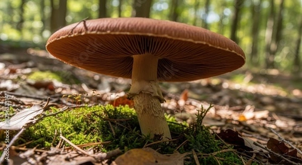 Fototapeta A mesmerizing view of a wild mushroom growing in a woodland habitat captured at low angle