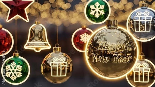 Obraz Festive christmas and new year ornaments with glowing lights