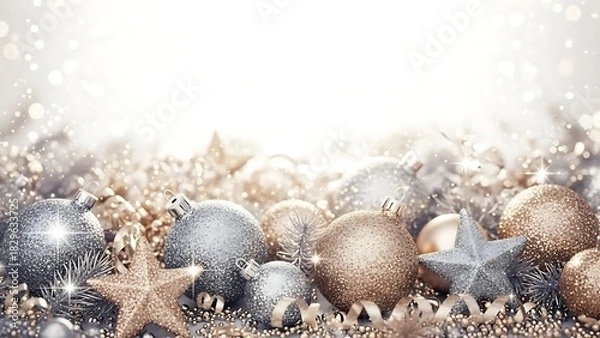 Obraz Sparkling christmas ornaments and stars with falling snowflakes