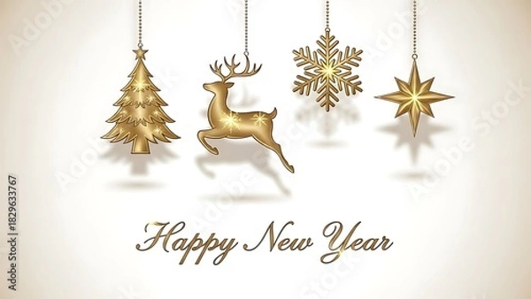 Obraz Golden christmas ornaments including reindeer and snowflake hanging