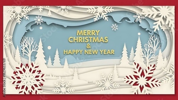 Obraz Festive winter landscape with snowflakes and christmas greetings