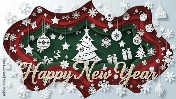 Obraz Festive happy new year greeting card with christmas tree and snowflakes