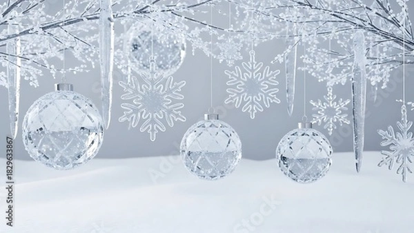 Obraz Sparkling winter decorations with icicles and snowflake ornaments