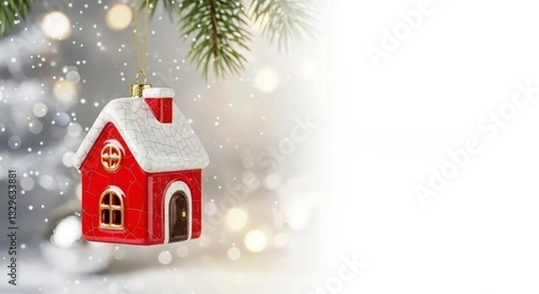 Obraz Christmas tree ornament in shape of red house as ceramic or porcelain figurine, festive background with copy space. Christmas card or banner for real estate, sales on holidays, new home or apartment