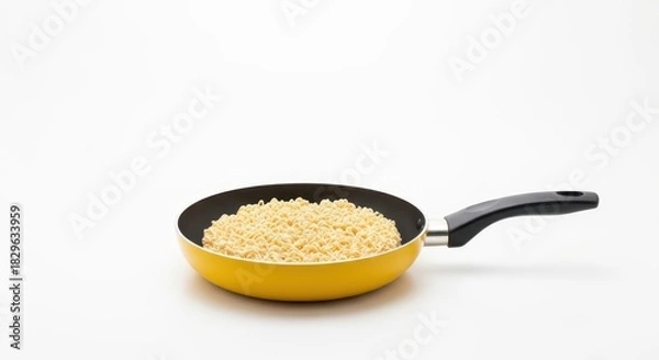 Fototapeta A pan of instant noodles on a seamless white background showcasing culinary simplicity for a quick