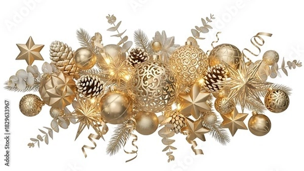 Obraz Elegant gold christmas garland with ornaments pinecones and stars