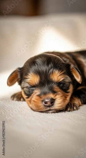Fototapeta A peaceful slumber of a newborn Yorkshire Terrier puppy capturing the essence of tranquility and