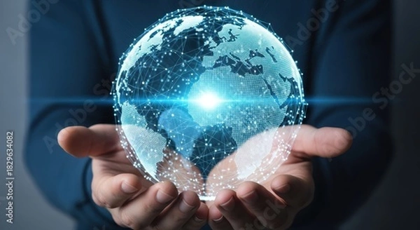 Fototapeta A person holding a digital representation of earth showcasing global connectivity