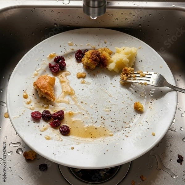 Fototapeta A poignant plate with scattered remnants of a recently enjoyed meal in a sink
