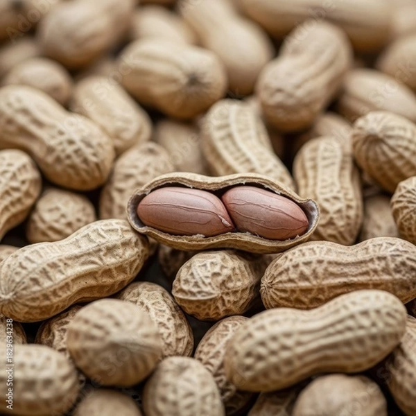 Fototapeta A plentiful array of fresh peanuts with one split open to reveal the shelled goodness