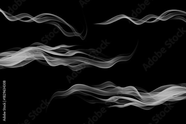 Fototapeta Abstract White Smoke Wave Texture on Black Background – Flowing Translucent Ribbons for Digital Art, Visual Effects, Presentation Design, Photoshop Overlays, Branding Assets, and Motion Graphics