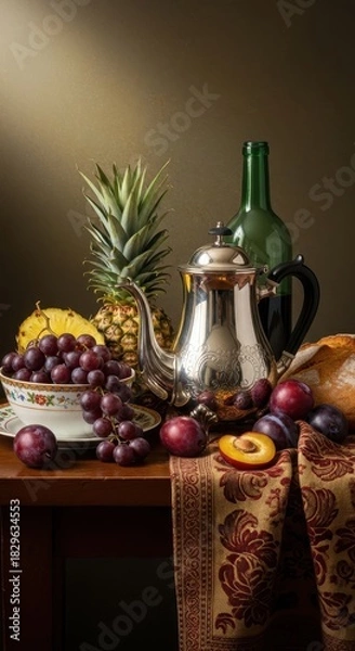 Fototapeta A balanced composition of fruits and tableware evokes the charm of refined simplicity