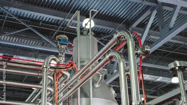 Obraz Food production machine with stainless steel pipes, cooling radiator as separator and tanks, valves and measuring instruments