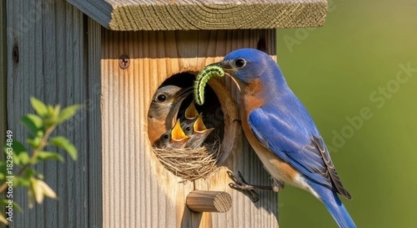 Fototapeta A bluebird diligently providing nourishment to its hatchlings within a wooden nesting box