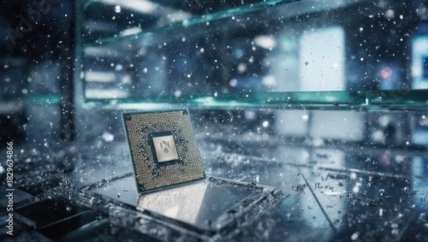 Obraz A computer processor sits in a technologically advanced setting with water particle effects
