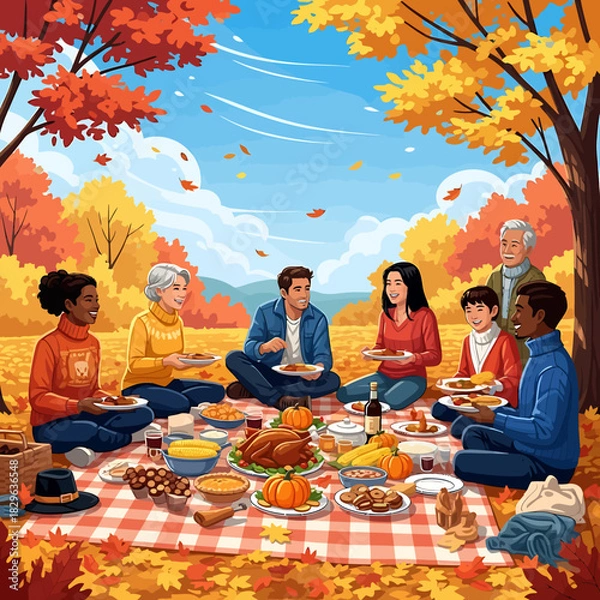 Fototapeta A joyful multi-generational and diverse family gathers for a festive Thanksgiving picnic amidst vibrant autumn foliage in the park