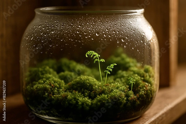 Fototapeta Closed Moss Terrarium with Emerging Ferns
