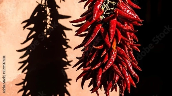 Fototapeta Dried red chili peppers hanging bunch traditional spice food image