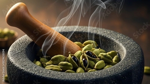 Fototapeta Cardamom pods with wooden mortar steaming aromatic spice close up