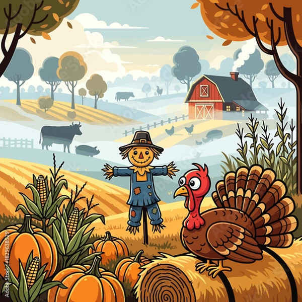 Fototapeta Joyful autumn harvest concept featuring a friendly cartoon turkey and scarecrow on a picturesque farm with pumpkins and a red barn