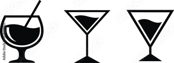 Fototapeta Minimalist Cocktail Glass Icons Featuring Martini and Rounded Styles with Liquid, Straw, Garnish Elements in Black and White Design