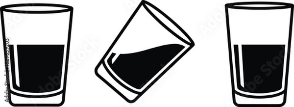 Obraz Stylized Drinking Glasses Showing Liquid Behavior in Tilted and Upright Positions with Gravity-Aligned Surface in Minimalist Black and White Design