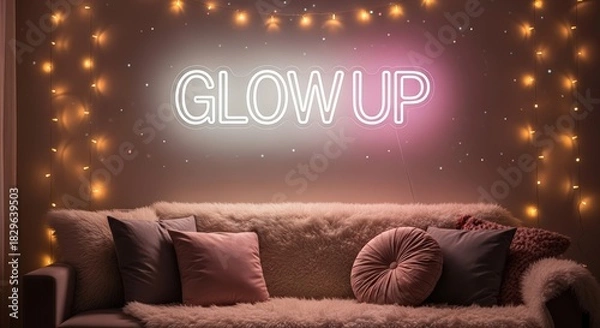 Obraz Interior of cozy gen z room, neon sign "GLOW UP" above sofa covered with fluffy fur throw. Decorative pillows in pastel shades of pink. LED string lights. Atmosphere is relaxed, intimate and dreamy