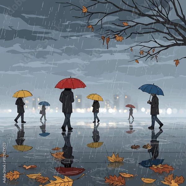 Fototapeta Atmospheric illustration of people with colorful umbrellas walking on a wet city street on a rainy autumn day