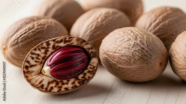 Fototapeta Whole nutmeg and mace seeds close up macro spice food ingredient