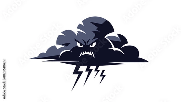 Obraz A dark, stylized cartoon cloud with an angry monster face and sharp fangs, emitting lightning bolts downwards on a white background.