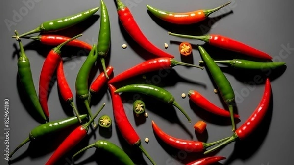 Fototapeta Fresh red and green chili peppers mixed color spice close up