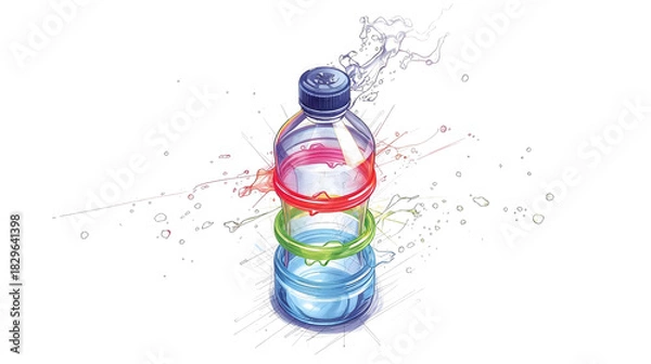 Obraz Illustration of a plastic bottle with colorful liquid layers on a black background with splashes on transparent background
