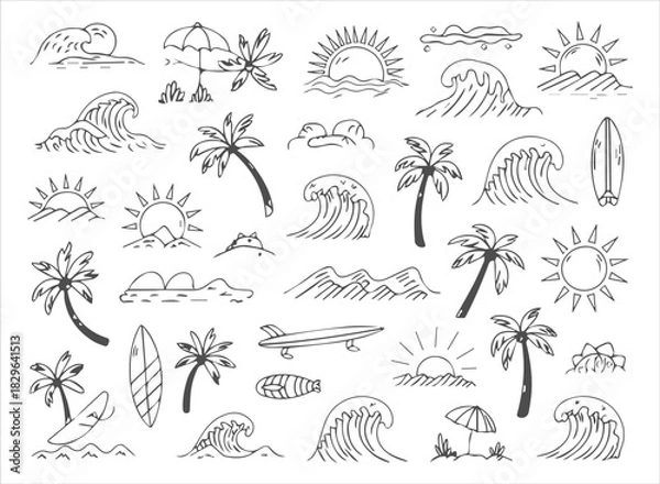 Obraz Hand-Drawn Summer Surf Doodle Set: Collection of Ocean Waves, Palm Trees, Surfboards, and Sun Icons for Tropical Beach and Water Sport Graphics.