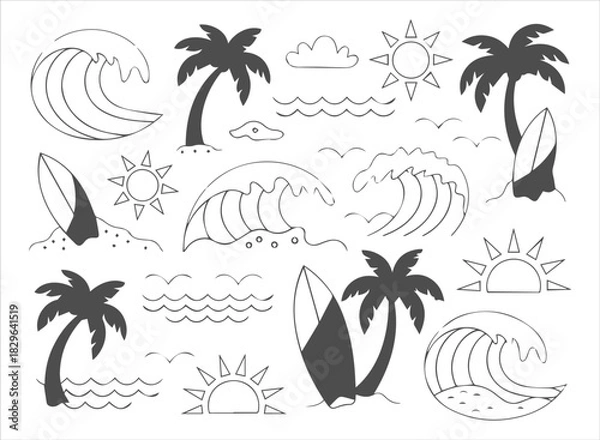 Obraz Hand-Drawn Wildflower and Tall Grass Icon Set: Botanical Collection of Simple Stems, Leaves, and Blossoms for Natural Rustic Design Elements.