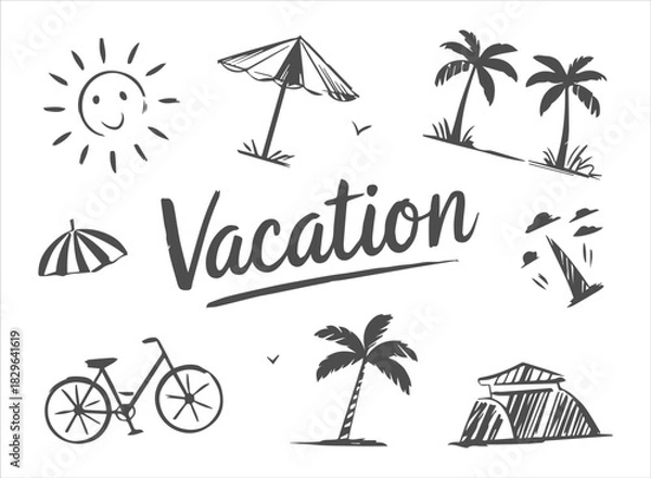 Obraz Hand-Drawn Vacation Doodle Travel Set: Sun, Umbrella, Bicycle, Tent, and Palm Tree Sketches for Summer Holiday and Outdoor Adventure Graphics.