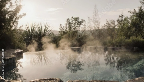 Obraz Steaming Hot Spring Surrounded by Lush Greenery and Trees.