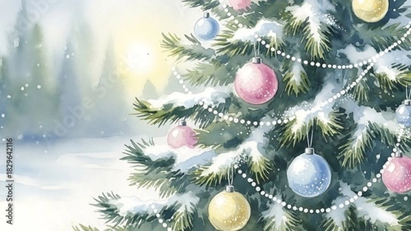 Obraz Decorated christmas tree in snowy winter forest with soft sunlight