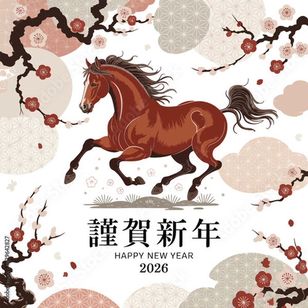 Fototapeta Black vector silhouette of a wild running mustang stallion, a symbol for the 2026 New Year of the Horse