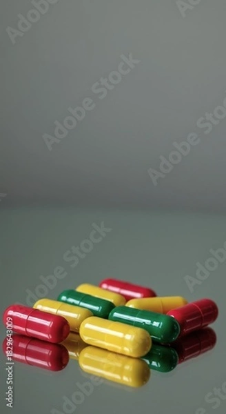 Obraz Bright yellow, red and green capsules or pills on reflective surface. Vitamins or medicine, vertical backdrop with copy space. Health concept. Overuse of dietary supplements issue