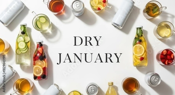 Fototapeta Words "Dry January", flat lay with bottles and cans, cups. Assortment of alcohol-free beverages including infused water and herbal tea arranged neatly on a white surface, minimalistic aesthetic