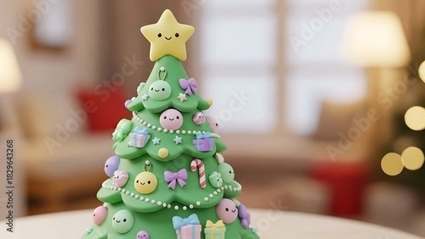 Obraz Cute cartoon christmas tree with happy star topper and festive ornaments