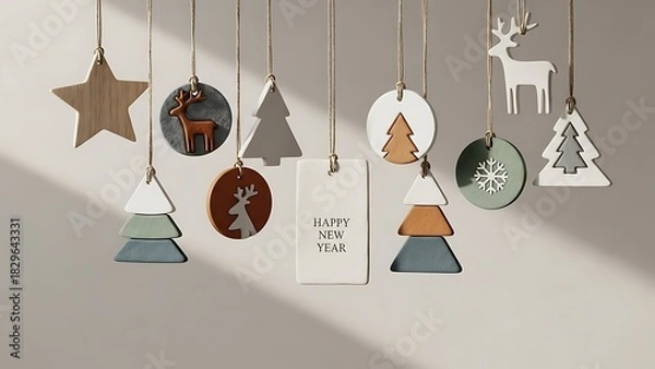 Obraz Collection of rustic christmas ornaments hanging on a light background