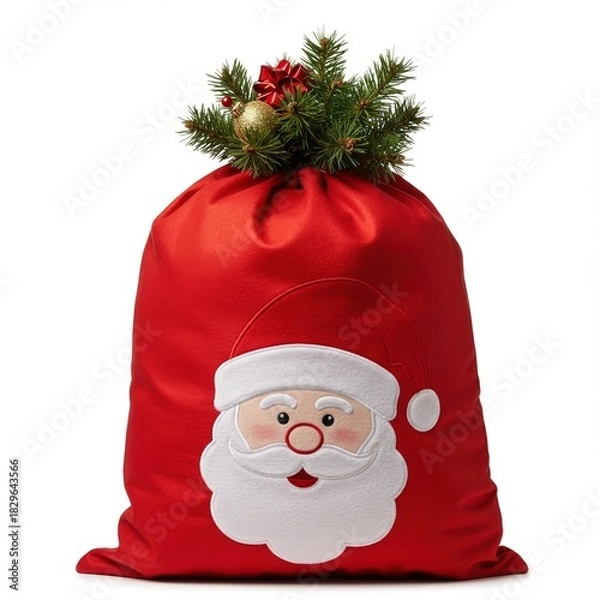 Fototapeta Santa's gift bag with Christmas presents, decorated with textile applique of Santa, ornaments and christmas tree branches, isolated on white background. Holiday season accessories and attributes