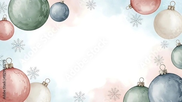 Obraz Soft pastel christmas ornaments and snowflakes border with copy space