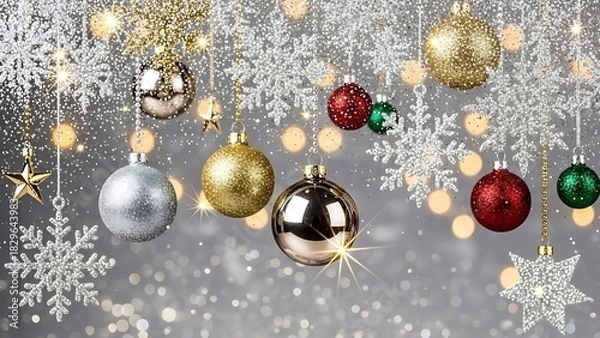 Obraz Festive christmas ornaments and snowflakes on a sparkling silver background