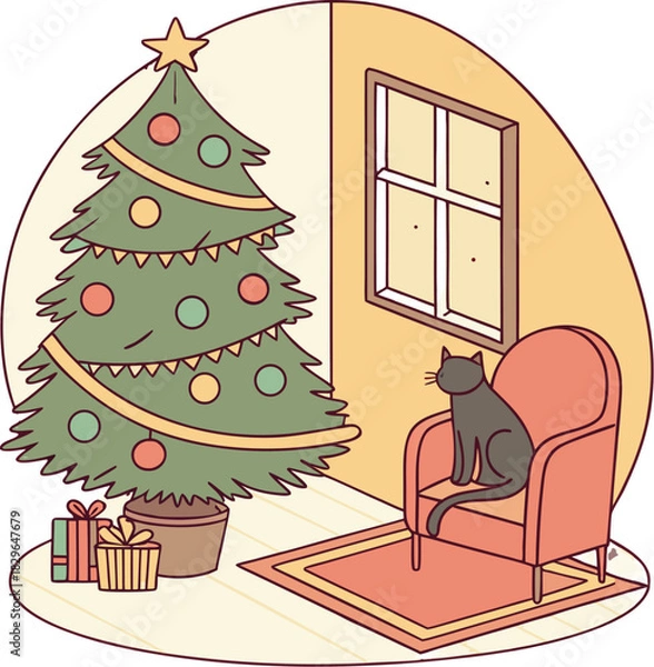 Obraz Cozy Christmas eve with a decorated tree and a cat sitting on a chair looking out the window in a warm, inviting room perfect for holiday cheer