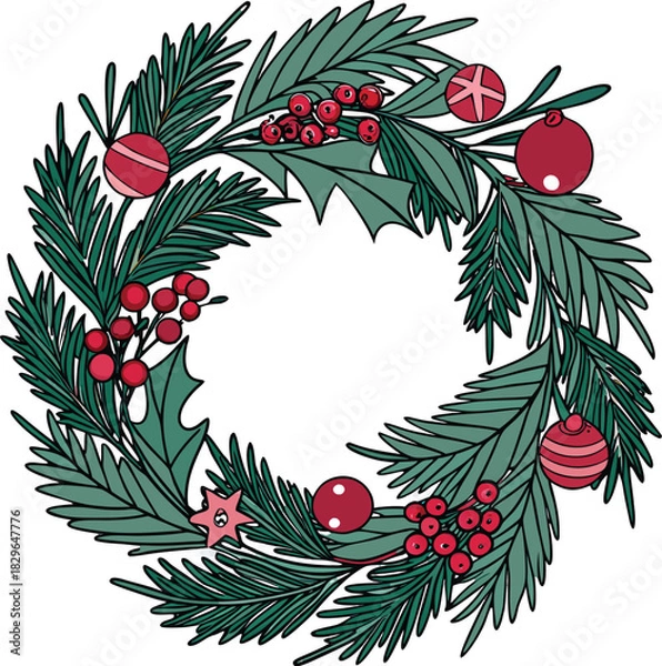 Obraz Elegant Christmas wreath with berries and ornaments, perfect for adding festive cheer to invitations, cards, and holiday designs this season
