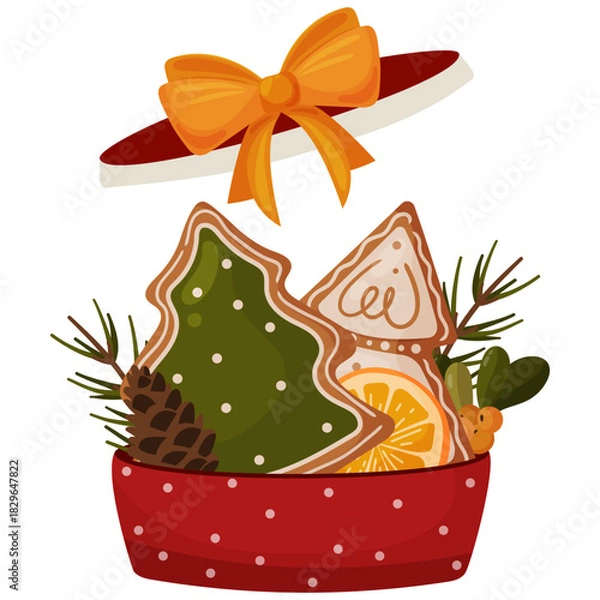 Fototapeta A festive red gift box filled with gingerbread cookies, orange slices, pine cones and evergreen branches