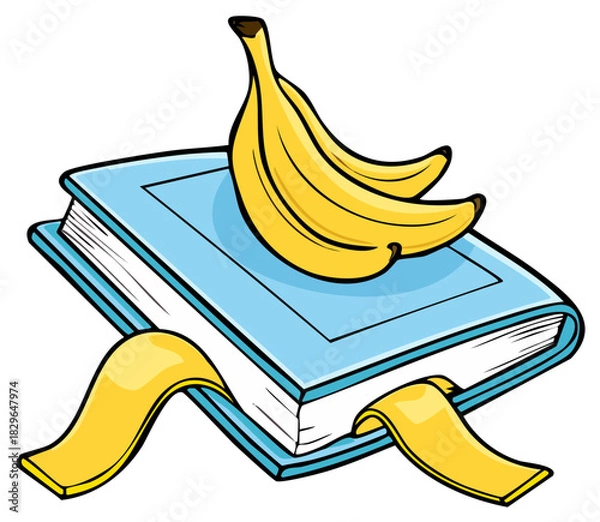 Fototapeta Bananas Resting on Blue Book with Yellow Ribbon Page Markers Graphic